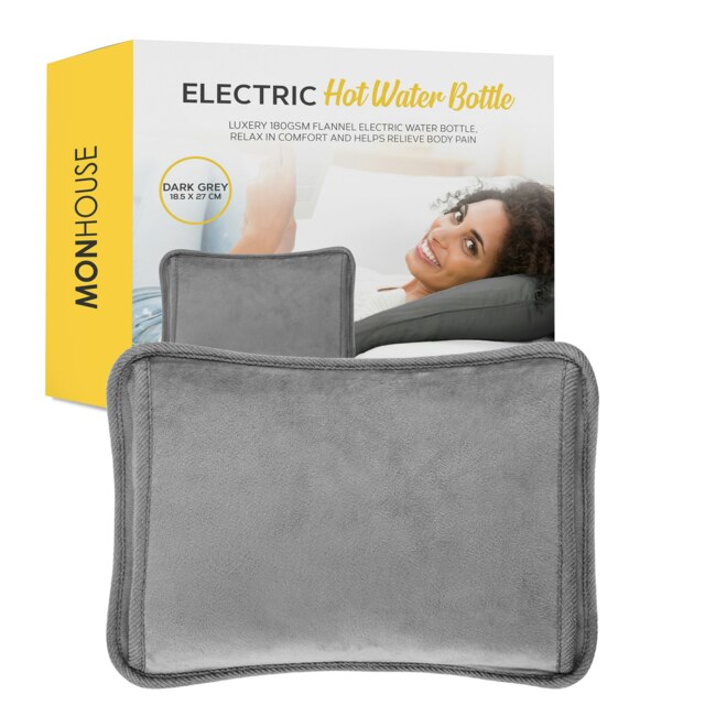 MONHOUSE Rechargeable Electric Hot Water Bottle Grey - Bed Hand Warmer Massaging Heat Pad Cozy - Soft & Cosy Heated Water Bag Warm & Soft to Touch - No Refill