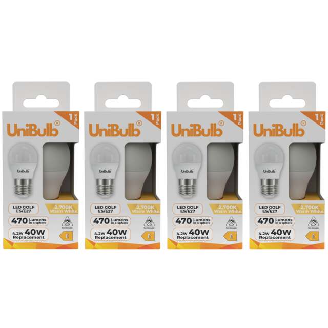 UniBulb LED Golf Ball E27 Edison Screw (ES) 470lm 4.2W (Replaces 40W) 2700K (Warm White) Light Bulb - Pack of 4