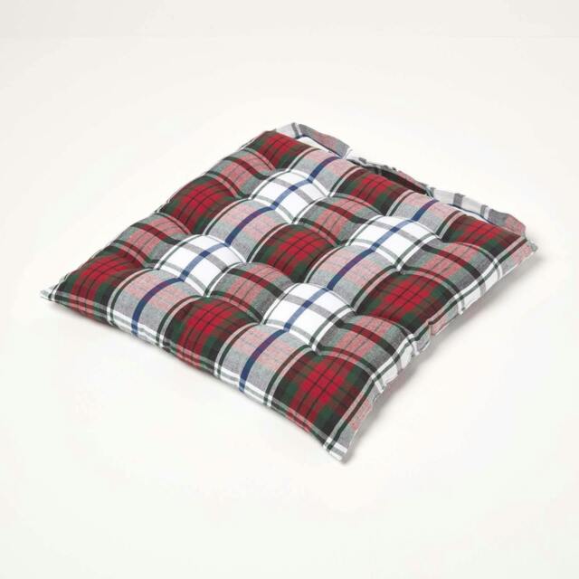Homescapes Seat Pad Luxury Cotton Tartan Indoor Outdoor Garden Dining Cushion Red 40 x 40 cm 1