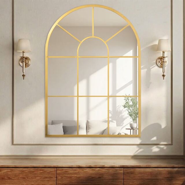 HOMCOM Modern Arched Window Wall Mirror for Bedroom, 91x60cm, Gold Tone Gold