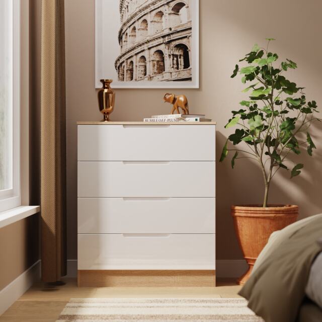 Lucca 4 Drawer Chest of Drawers in White Gloss & Bardolino Oak (Ready Assembled) White White Gloss & Bardolino Oak