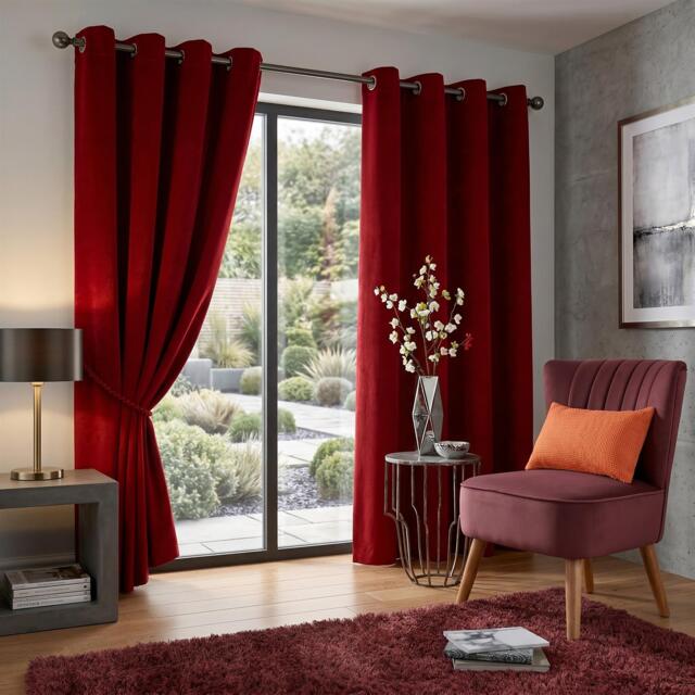 Velvet Thermal Blackout Eyelet Curtains Ready Made Pair - 229cm x 183cm - Red