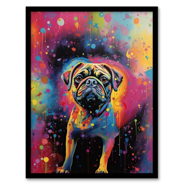 Dog Pug Pet Portrait Colourful Neon Home Decor Black Framed Wall Art Print A4