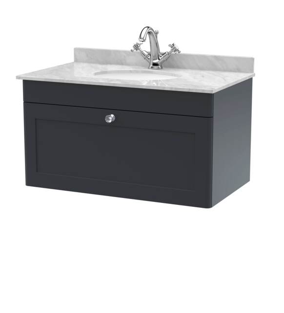 Balterley Swynnerton Traditional 1 Drawer Wall Hung Vanity Unit with Marble Basin, Dark Grey, 800mm