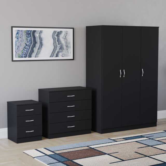 Vida Designs Riano 3 Piece Bedroom Set (3 Drawer Bedside Chest, 4 Drawer Chest, 3 Door Wardrobe) - Black