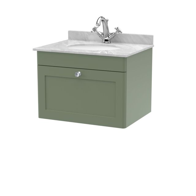 Balterley Swynnerton Traditional 1 Drawer Wall Hung Vanity Unit with Marble Basin, Satin Green, 600mm