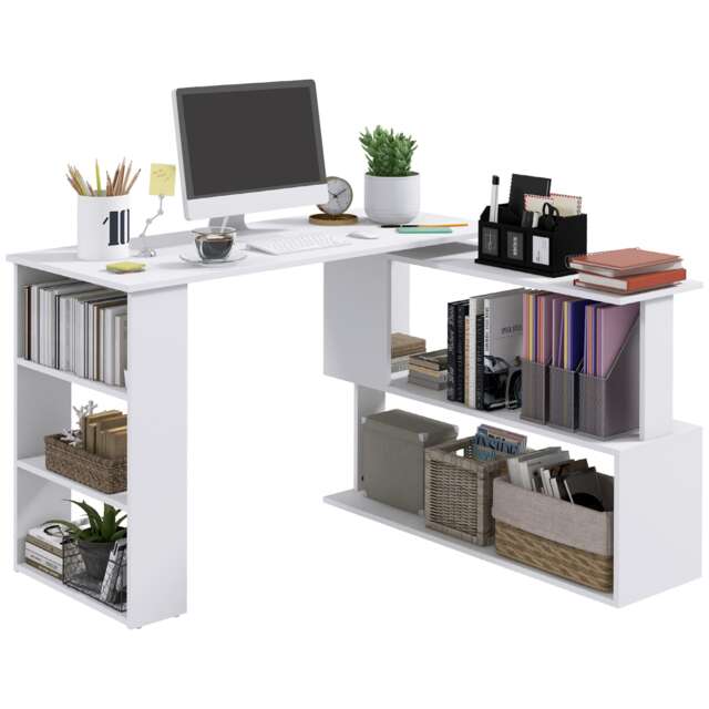 HOMCOM Corner Computer Desk with Rotating Design and Bookshelf, White