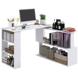HOMCOM Corner Computer Desk with Rotating Design and Bookshelf, White