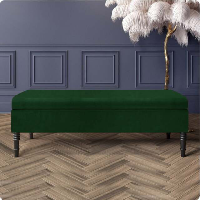 Safar Plain 90cm Ottoman Storage Bench - Plush Velvet Shoe Bench - Forest Green Upholstery Footstool with Storage