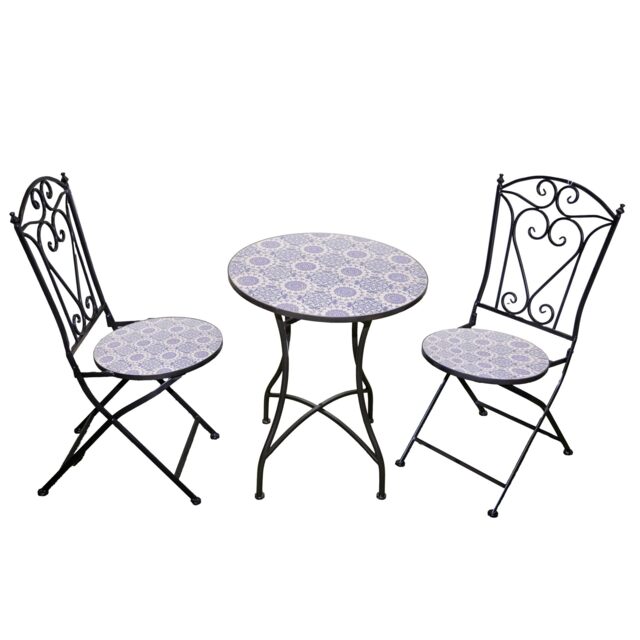 Mosaic Bistro Set Three Piece Folding Outdoor Table and Chairs for Balcony Patio and Small Garden Dining