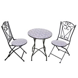 Mosaic Bistro Set Three Piece Folding Outdoor Table and Chairs for Balcony Patio and Small Garden Dining