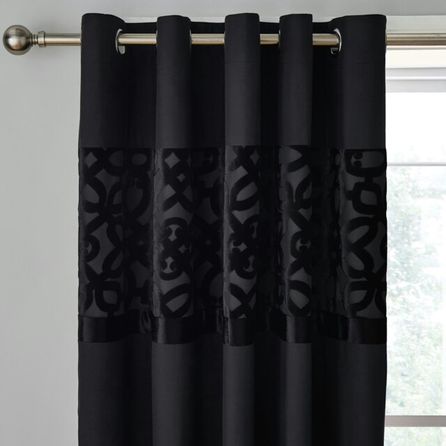 Catherine Lansfield Lattice Cut Velvet 66x72 Inch Lined Eyelet Curtains Black