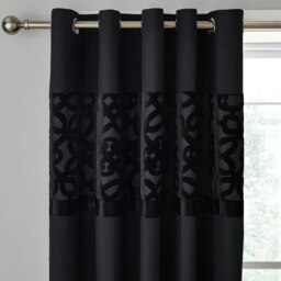 Catherine Lansfield Lattice Cut Velvet 66x72 Inch Lined Eyelet Curtains Black