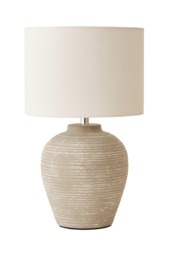 ValueLights Reid Linen Shade Stone Grey Ribbed Ceramic Small Table Lamp Bulb