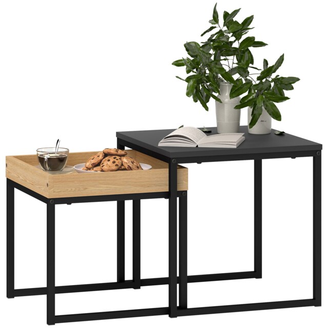 HOMCOM Modern Coffee Table Set Square Nest of Tables for Small Space Black Black Black