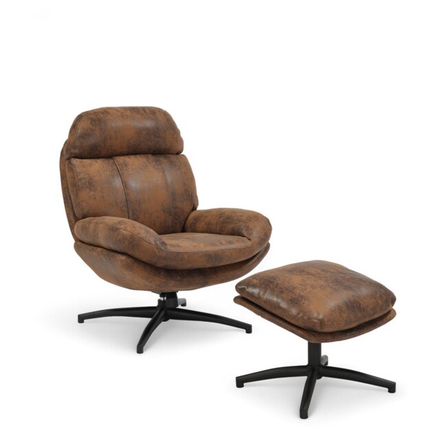 Faux Leather Suede Brown Brenna Swivel Armchair with Footstool