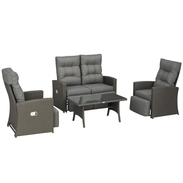 Outsunny 4 Piece Rattan Garden Furniture Set with Sofa, Glass Table, Grey Grey Grey