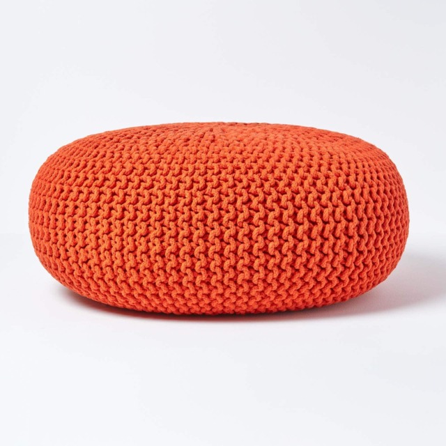 Homescapes Burnt Orange Large Round Cotton Knitted Pouffe Footstool