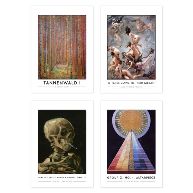 Set of 4 Klimt Tannenwald Falero Witches Van Gogh Skeleton Klint Wall Art Print A4