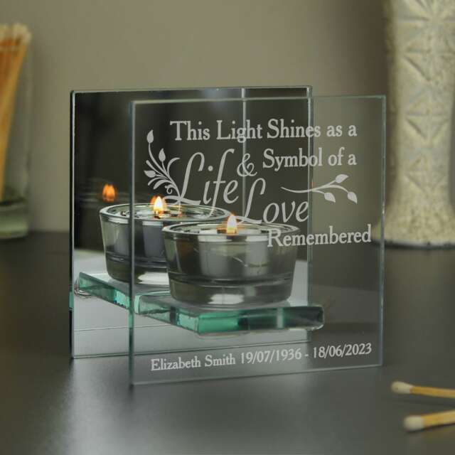 Personalised Life & Love Mirrored Glass Tea Light Candle Holder Clear