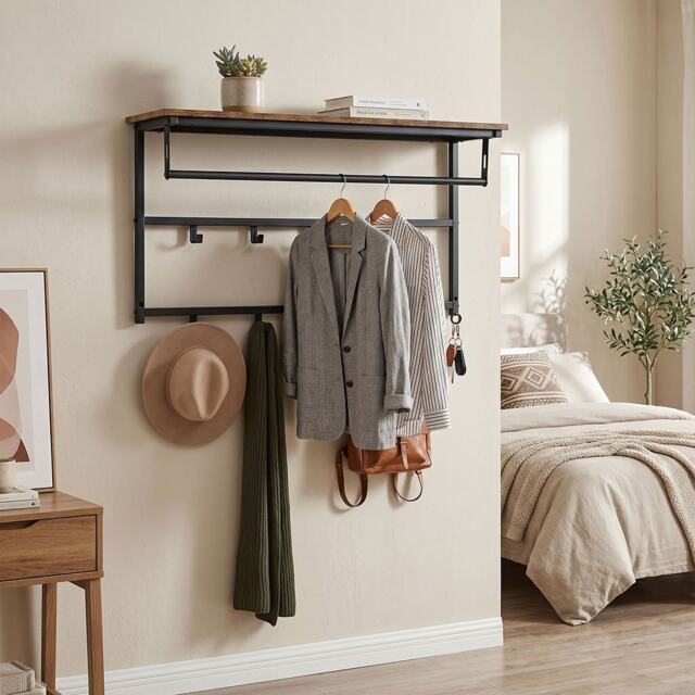 Levede Coat Rack Wall Mounted 10kg Wooden Shelf Hooks Hanger Storage Metal Brown