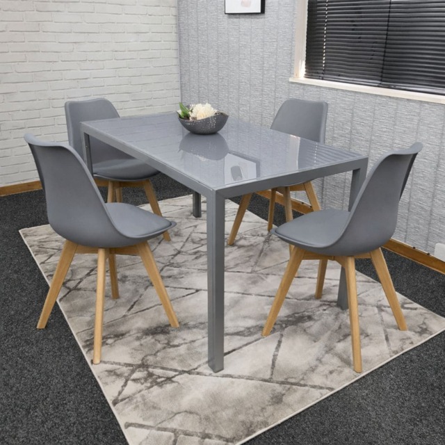 Modern Rectangle grey Glass Dining Table Set of 4 Grey Plastic chairs with Faux Leather seats