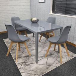 Modern Rectangle grey Glass Dining Table Set of 4 Grey Plastic chairs with Faux Leather seats