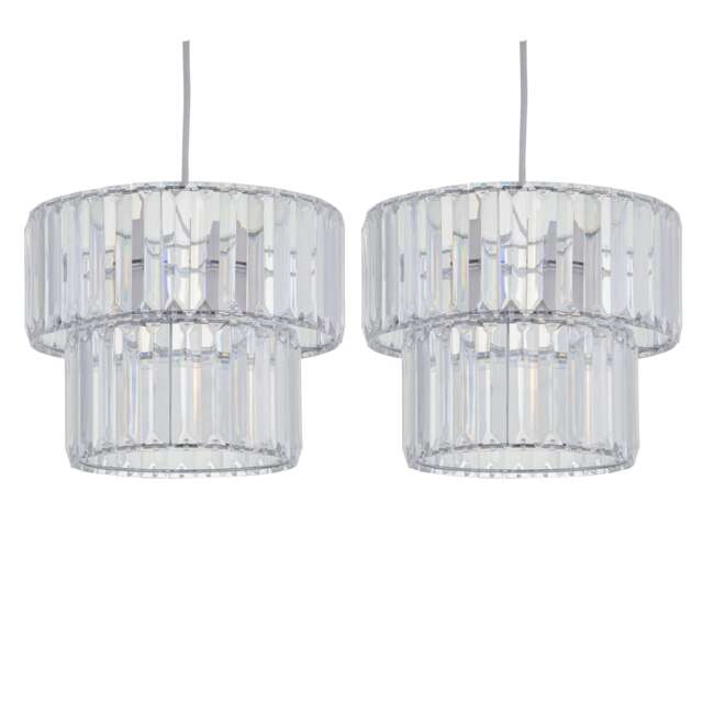 Set of 2 Clint - Clear Acrylic Two Tier Easy Fit Pendant Shades Clear Clear acrylic with polished chrome plate detail 2