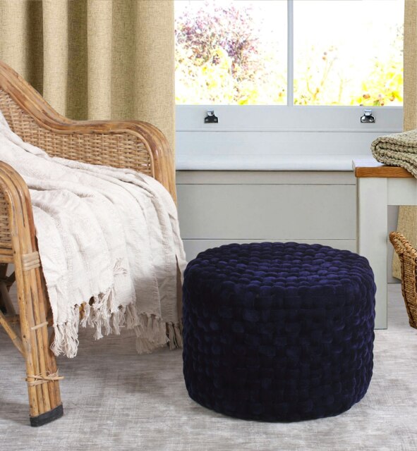Round Velvet Pouffe Soft Woven Designer Ottoman Stool Blue