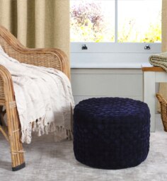 Round Velvet Pouffe Soft Woven Designer Ottoman Stool Blue