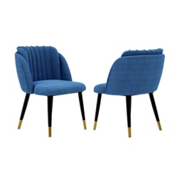Set of 2 Milano Velvet Dining Chairs with Stylish Ribbed Back Design, Black Metal Legs with Silver Tips Blue Gold End Tips