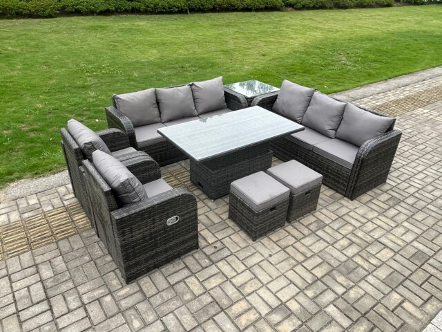 Fimous Rattan Outdoor Garden Furniture Sets Height Adjustable Rising lifting DiningTable Sofa Set with Reclining Chair Side Table 2 Small Footstools Dark Grey Mixed