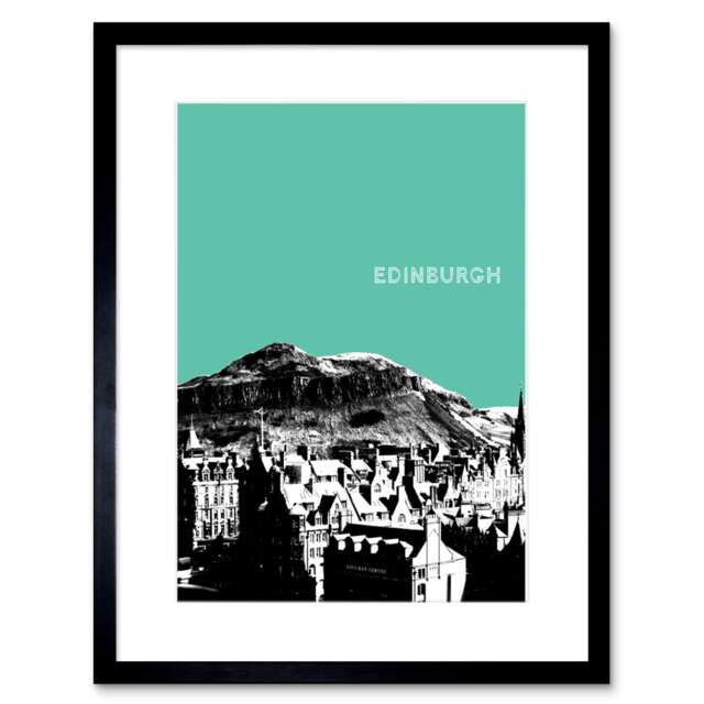 "Arthur's Seat Edinburgh Cityscape Scotland Teal 9x7"" Black Framed Wall Art Print"