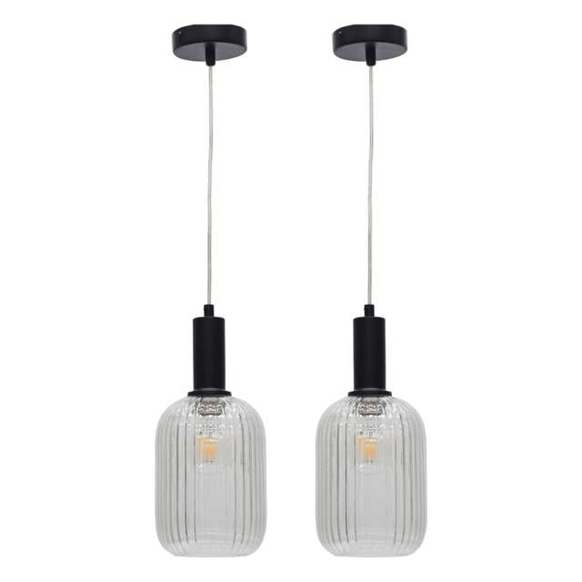 Set of 2 Batley - Clear Ribbed Glass Black Deco Pendant Fittings