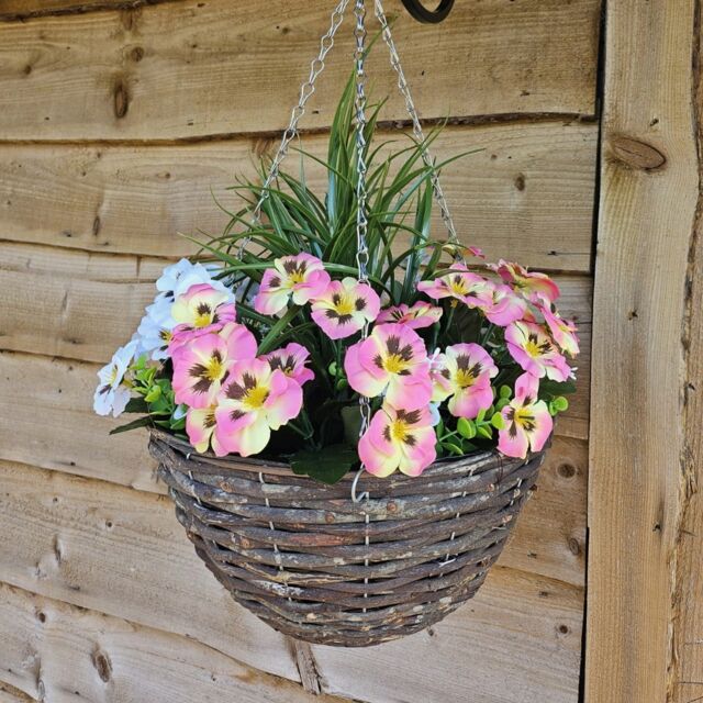 Best Artificial 14 Inch Pink & White Faux Pansy Flower with Rattan Wicker Hanging Basket for Indoor or Outdoor Use Pink Pink and White 1
