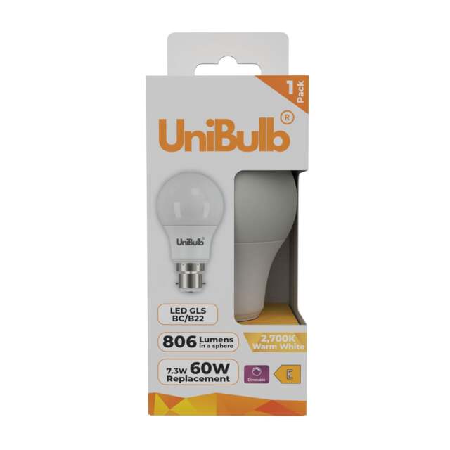 UniBulb LED GLS B22 Bayonet Cap (BC) 806lm 7.3W (Replaces 60W) 2700K (Warm White) Dimmable Light Bulb - Pack of 1 White Warm White 1