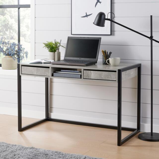 Office Desk Concrete Effect Workstation 2 Drawer Shelf Storage Black Metal Legs Grey