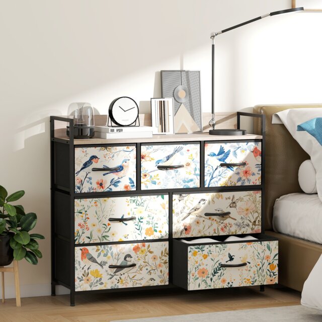 HOMCOM Bedroom Chest of Drawers, Fabric Dresser with 7 Drawers, Open Shelf and Steel Frame for Living Room, Hallway, White White
