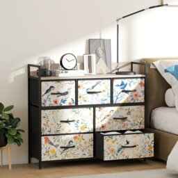 HOMCOM Bedroom Chest of Drawers, Fabric Dresser with 7 Drawers, Open Shelf and Steel Frame for Living Room, Hallway, White White