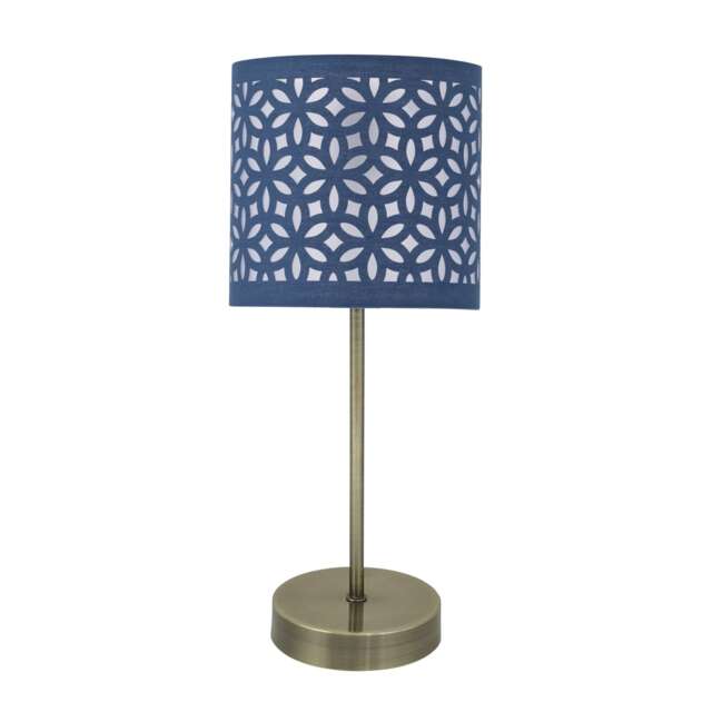 Antique Brass Stick Table Lamp with Navy Blue Laser Cut Shade