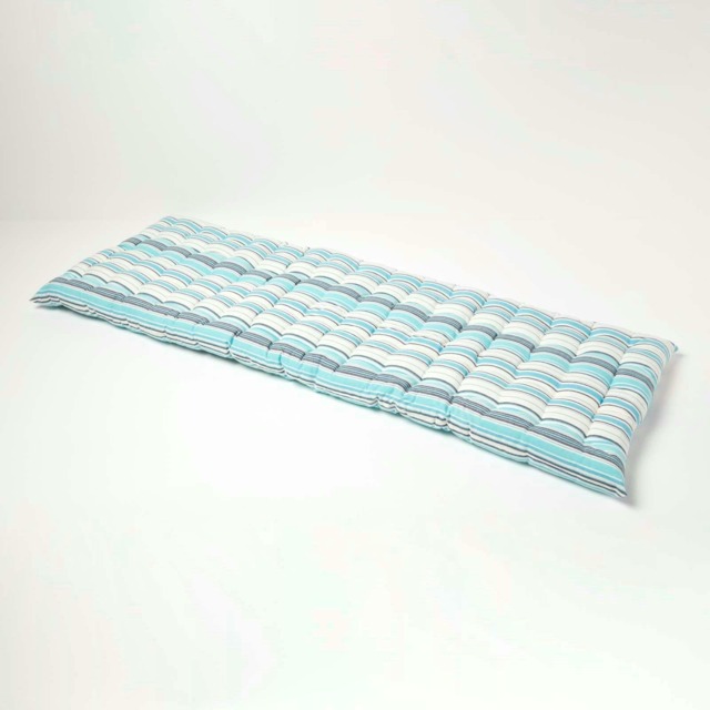 Homescapes Garden Bench Cushion Luxury 3 Seater Cotton Stripe Indoor Outdoor Seat Pad Blue 143 x 48 cm 1