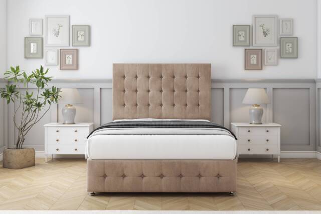 "Sloomy Berlin Mink Naples Divan Bed With Mattress 2 Drawers Right Side With 26"" Strutted Headboard & 12"" Matching Footboard 5' King Brown Mink King 1"