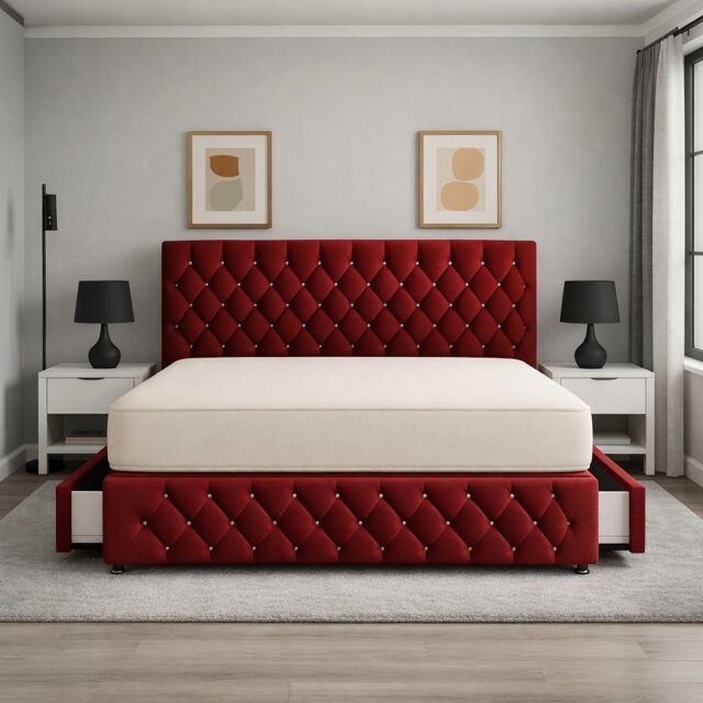 Chesterfield 2ft6 small single maroon plush divan bed set storage no drawers 2 Drawers Right Side Laying in Bed