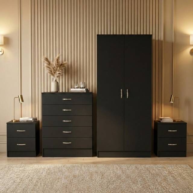 Vida Designs Riano 4 Piece Bedroom Set (2x 2 Drawer Bedside Chest, 5 Drawer Chest, 2 Door Wardrobe) - Black