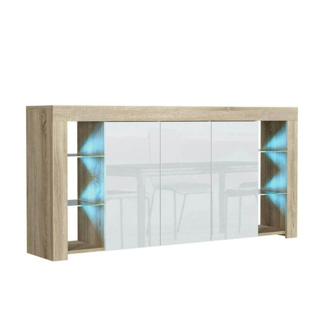 Sideboard 164cm White Gloss Doors Oak Matt Body Free LED Multi Oak
