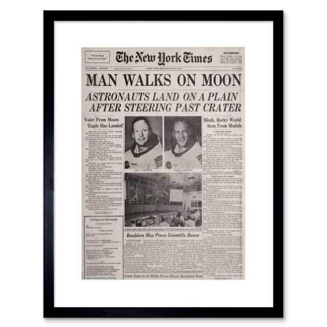 "Vintage Space Newspaper Moon Aldrin Armstrong 12x16"" Framed Wall Art Print"