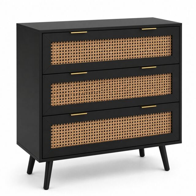 Black Wooden Rattan Chest of Drawers With Wide Drawers - Dressers for Storage for Bedroom Living Room, Hallway, Nursery - W80 X D40 X H80cm