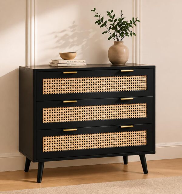 Black Wooden Rattan Chest of Drawers With Wide Drawers - Dressers for Storage for Bedroom Living Room, Hallway, Nursery - W80 X D40 X H80cm