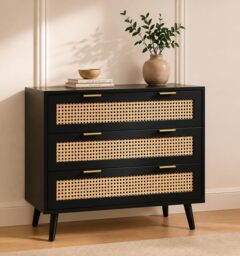 Black Wooden Rattan Chest of Drawers With Wide Drawers - Dressers for Storage for Bedroom Living Room, Hallway, Nursery - W80 X D40 X H80cm
