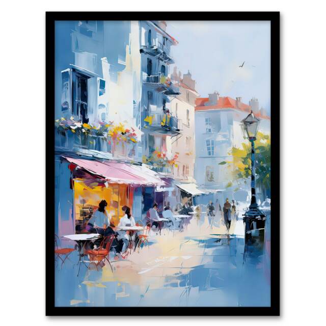 Cafe Street Paris Abstract Oil Pastel Colour Black Framed Wall Art Print A4